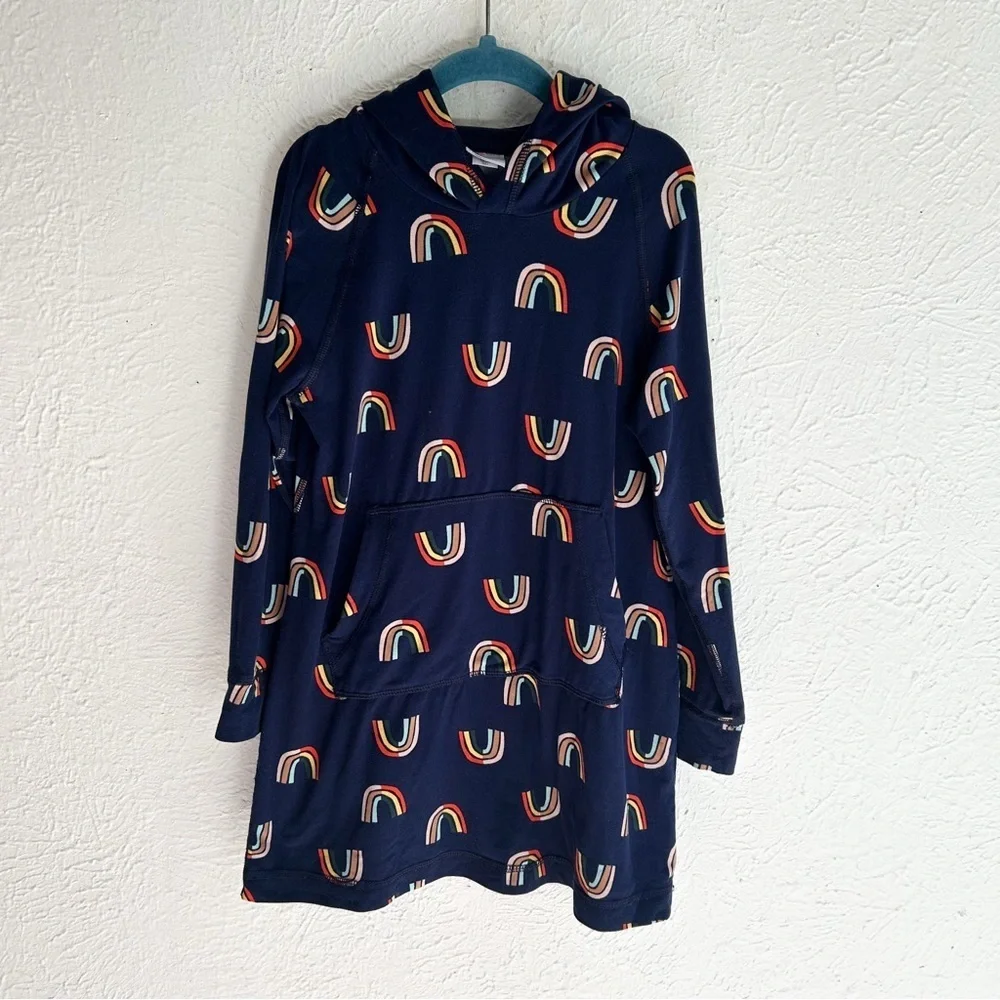 Hanna Andersson Sunblock UV Hoodie Dress Retro Rainbows Navy Sz 5